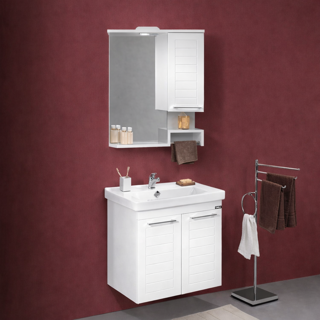 Orka Perge Banyo Dolabı Takımı, 65 cm, Beyaz (Led Spotlu, Dolaplı Ayna), 5000617