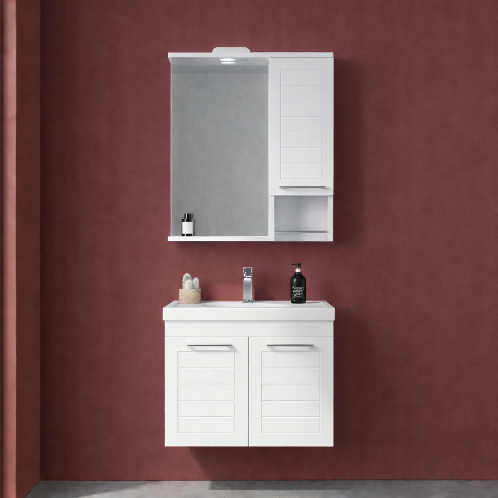 Orka Perge Banyo Dolabı Takımı, 65 cm, Beyaz (Led Spotlu, Dolaplı Ayna), 5000617