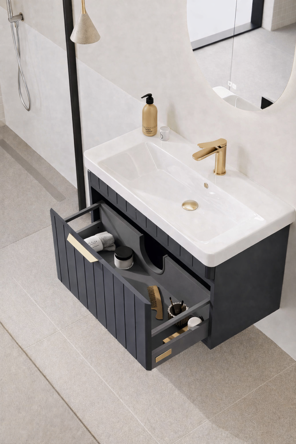 Orka Procıda 60 cm Mat Antrasit / Altın Kulplu ,Banyo Dolabı Alt Modül ve Lavabo, 5007202