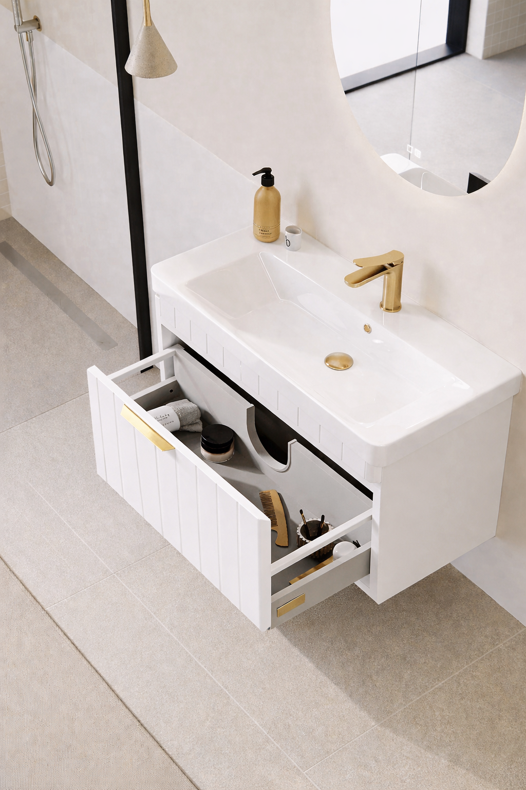 Orka Procıda 60 cm Mat Beyaz / Altın Kulplu ,Banyo Dolabı Alt Modül ve Lavabo, 5007201