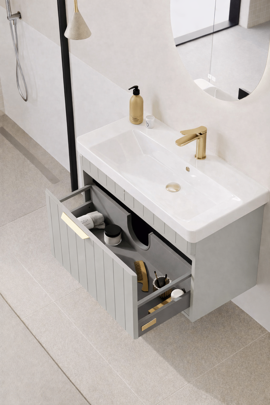 Orka Procıda 60 cm Mat Kaşmir / Altın Kulplu ,Banyo Dolabı Alt Modül ve Lavabo, 5007203