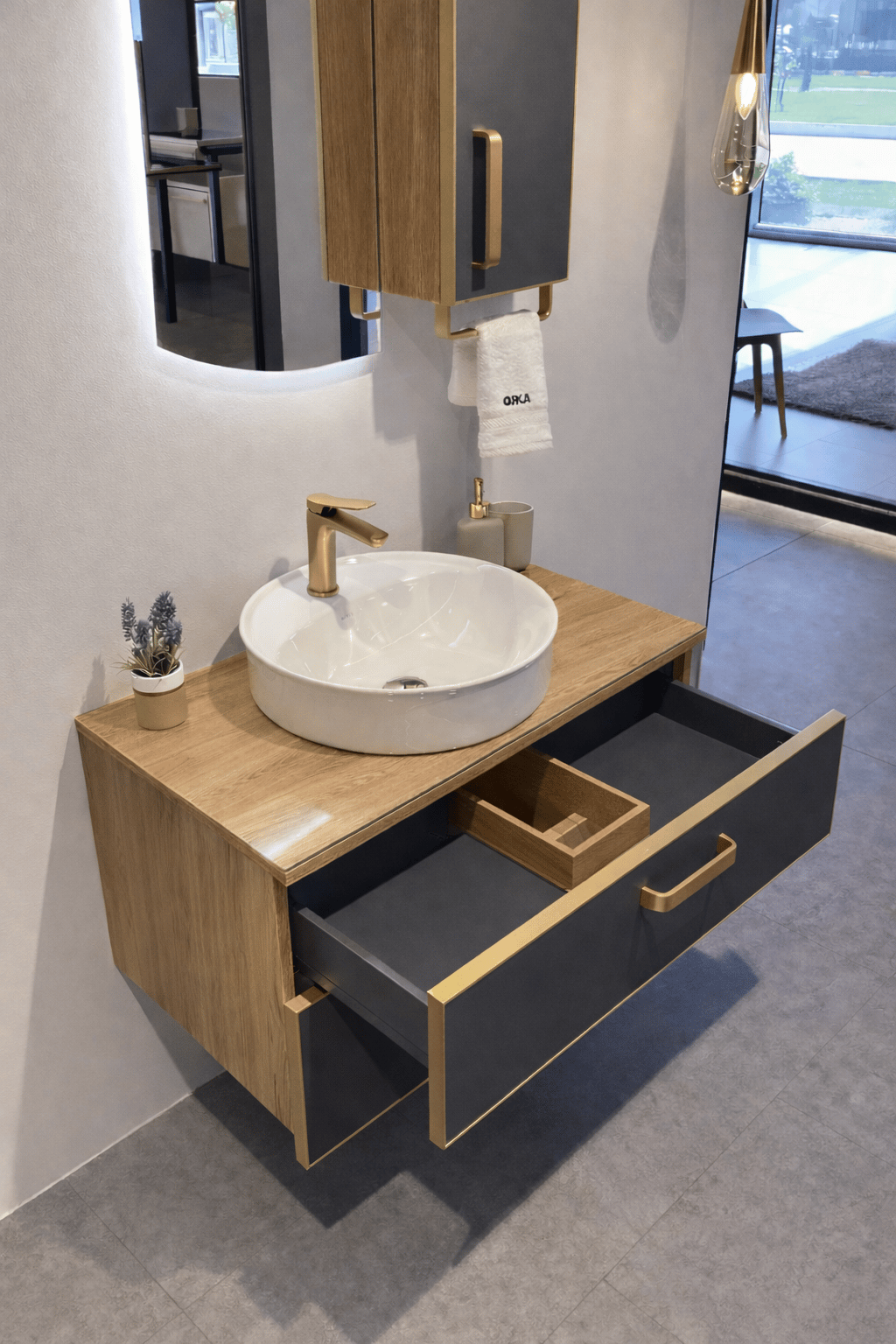 Orka Salerno 76 cm Legnano-Mat Antrasit Banyo Dolabı Alt Modül ve Lavabo Krom/Altın Kulp, 5004715
