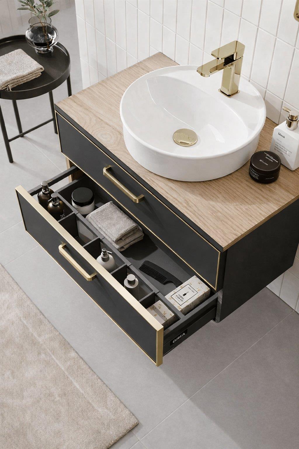 Orka Salerno 76 cm Legnano-Mat Antrasit Banyo Dolabı Alt Modül ve Lavabo Krom/Altın Kulp, 5004715