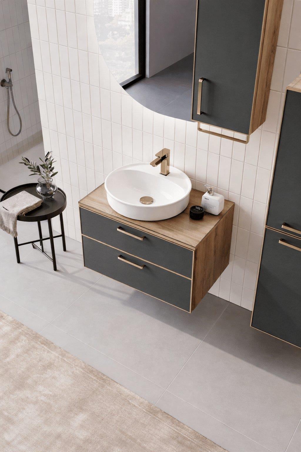 Orka Salerno 76 cm Legnano-Mat Antrasit Banyo Dolabı Alt Modül ve Lavabo Krom/Altın Kulp, 5004715