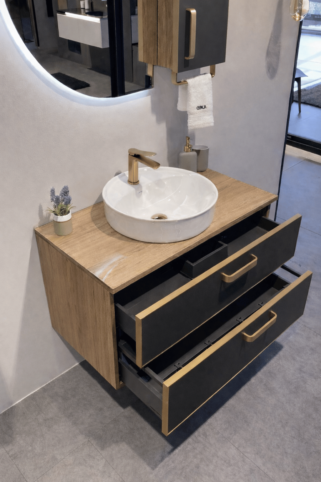 Orka Salerno 76 cm Legnano-Mat Antrasit Banyo Dolabı Alt Modül ve Lavabo Krom/Altın Kulp, 5004715