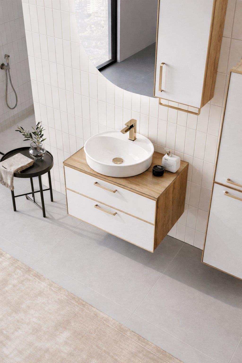Orka Salerno 76 cm Legnano-Mat Beyaz Banyo Dolabı Alt Modül ve Lavabo Krom/Altın Kulp, 5004700