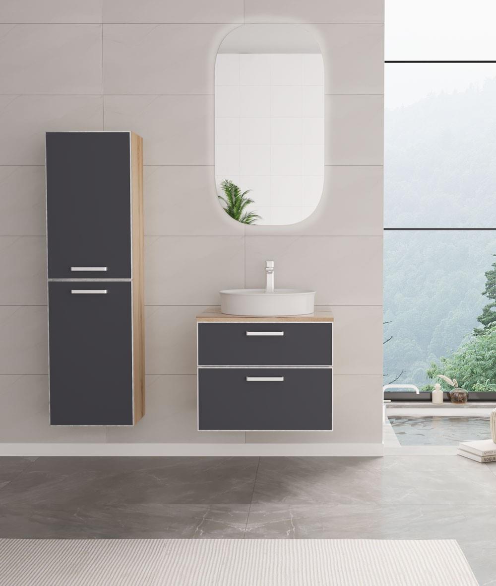 Orka Salerno Banyo Dolabı Takımı, 61 cm, Legnano-Mat Antrasit (Ledli Ayna), Krom/Altın Kulp, 5004714