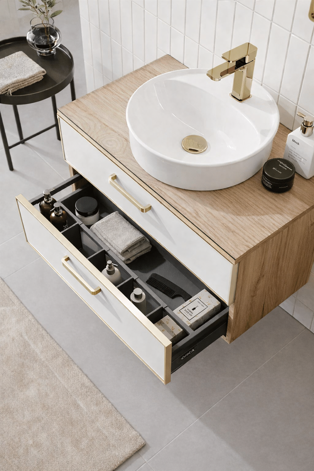 Orka Salerno Banyo Dolabı Takımı, 76 cm, Legnano-Mat Beyaz (Ledli Ayna-Üst Dolap), Krom/Altın Kulp, 5004701
