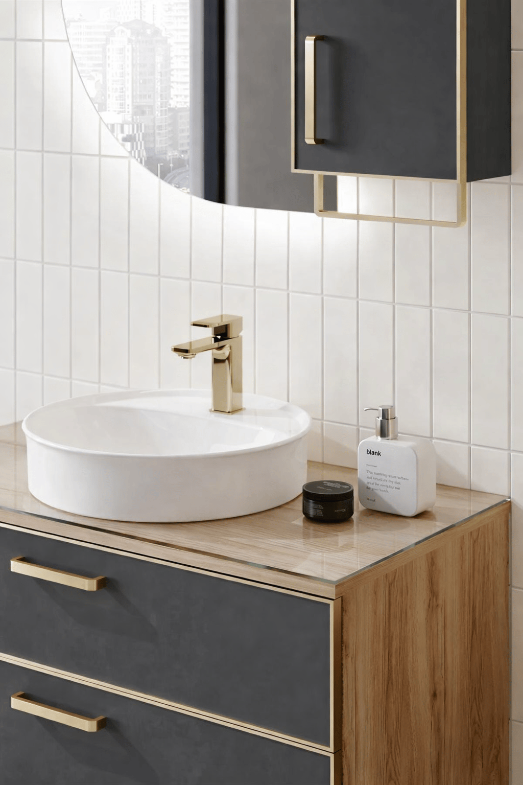 Orka Salerno Banyo Dolabı Takımı, 76 cm, Legnano-Mat Antrasit (Ledli Ayna-Üst Dolap), Krom/Altın Kulp, 5004716