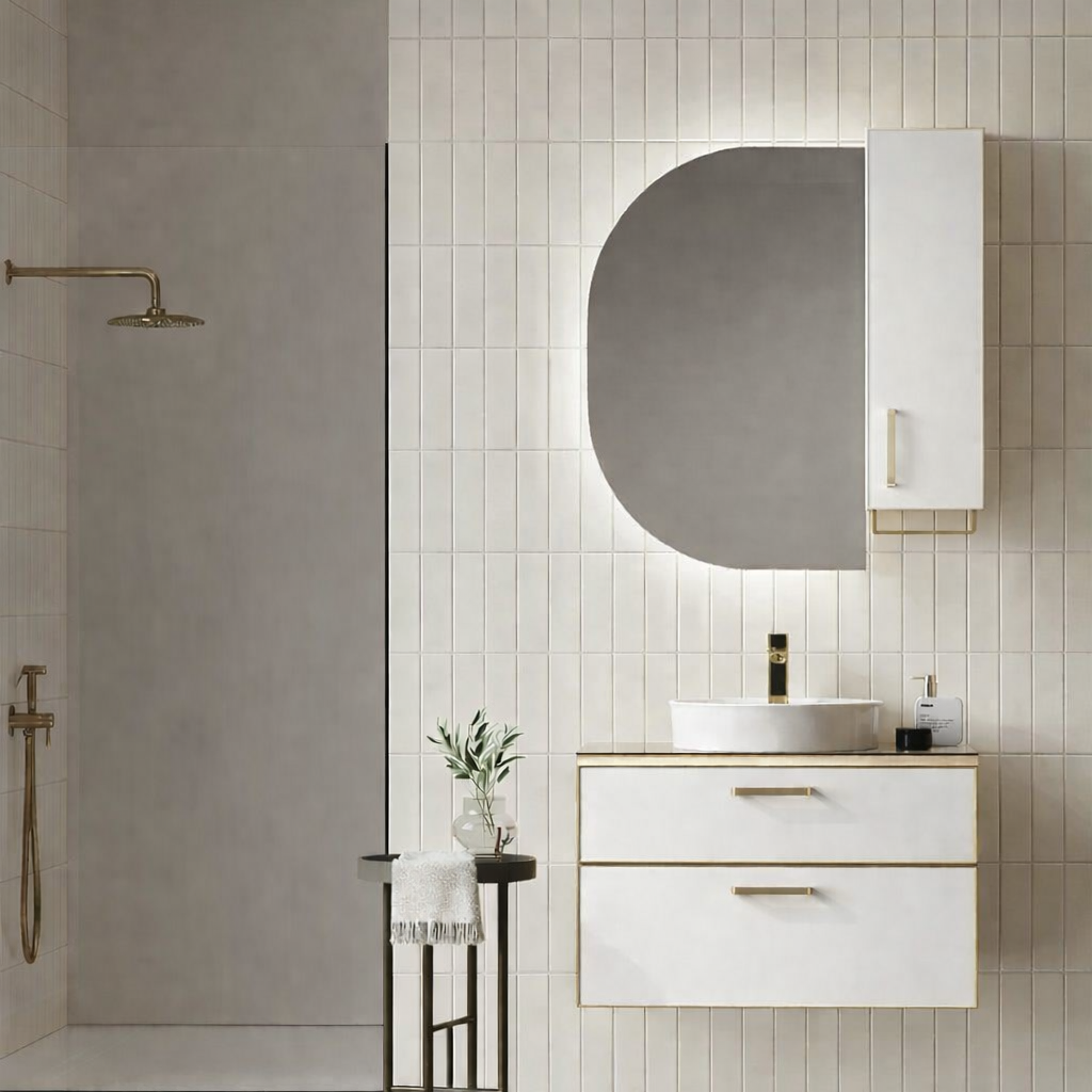 Orka Salerno Banyo Dolabı Takımı, 76 cm, Legnano-Mat Beyaz (Ledli Ayna-Üst Dolap), Krom/Altın Kulp, 5004701