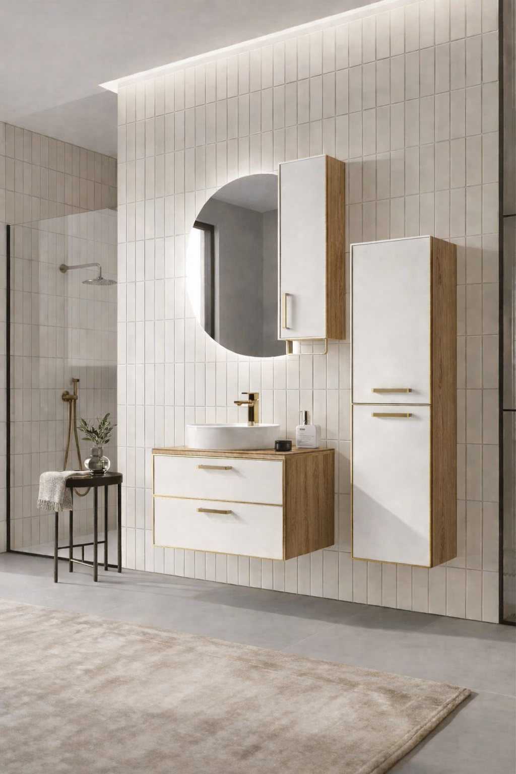 Orka Salerno Banyo Dolabı Takımı, 76 cm, Legnano-Mat Beyaz (Ledli Ayna-Üst Dolap), Krom/Altın Kulp, 5004701