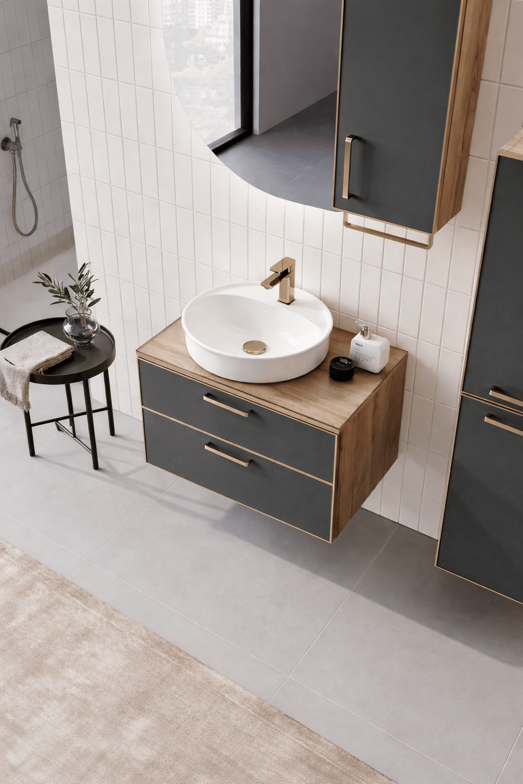 Orka Salerno Banyo Dolabı Takımı, 76 cm, Legnano-Mat Antrasit (Ledli Ayna-Üst Dolap), Krom/Altın Kulp, 5004716