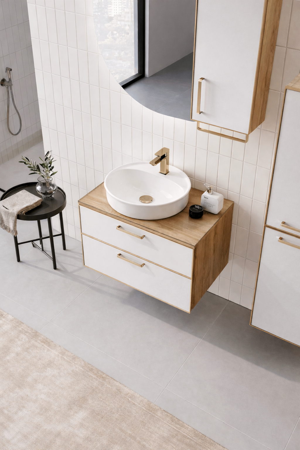 Orka Salerno Banyo Dolabı Takımı, 76 cm, Legnano-Mat Beyaz (Ledli Ayna-Üst Dolap), Krom/Altın Kulp, 5004701