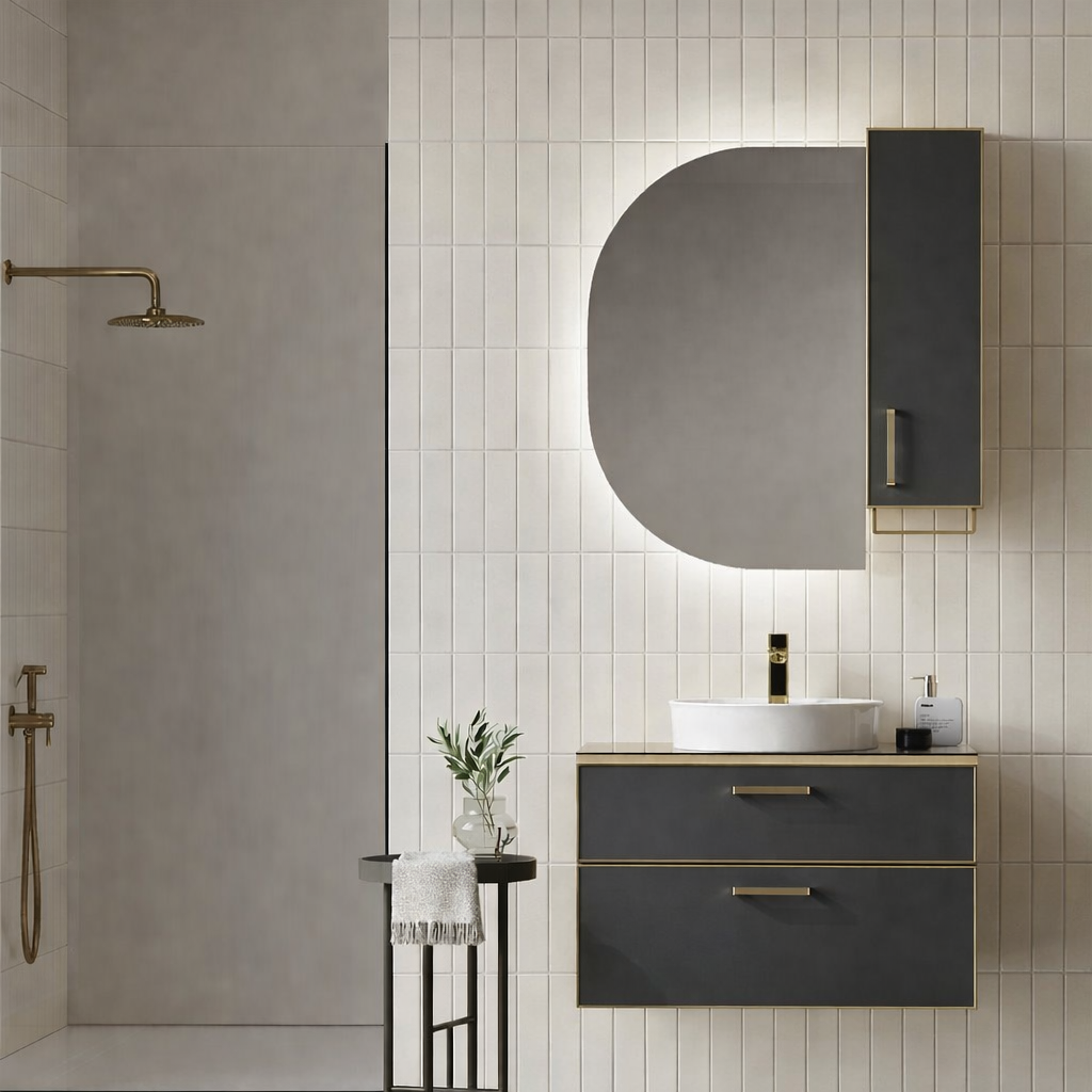 Orka Salerno Banyo Dolabı Takımı, 76 cm, Legnano-Mat Antrasit (Ledli Ayna-Üst Dolap), Krom/Altın Kulp, 5004716