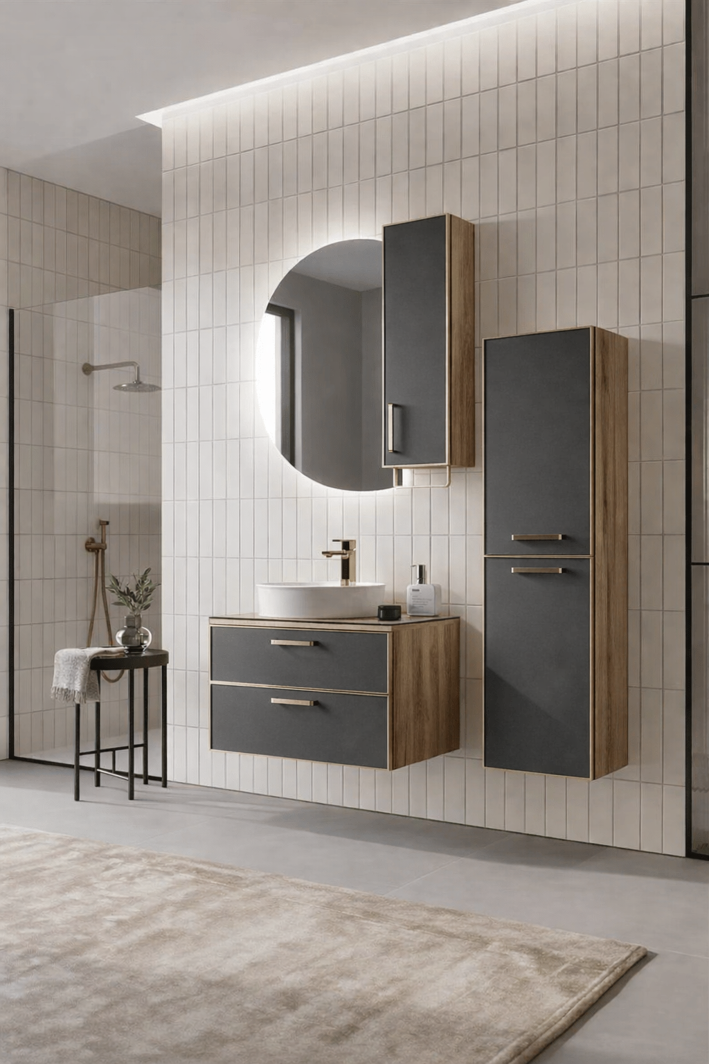 Orka Salerno Banyo Dolabı Takımı, 76 cm, Legnano-Mat Antrasit (Ledli Ayna-Üst Dolap), Krom/Altın Kulp, 5004716