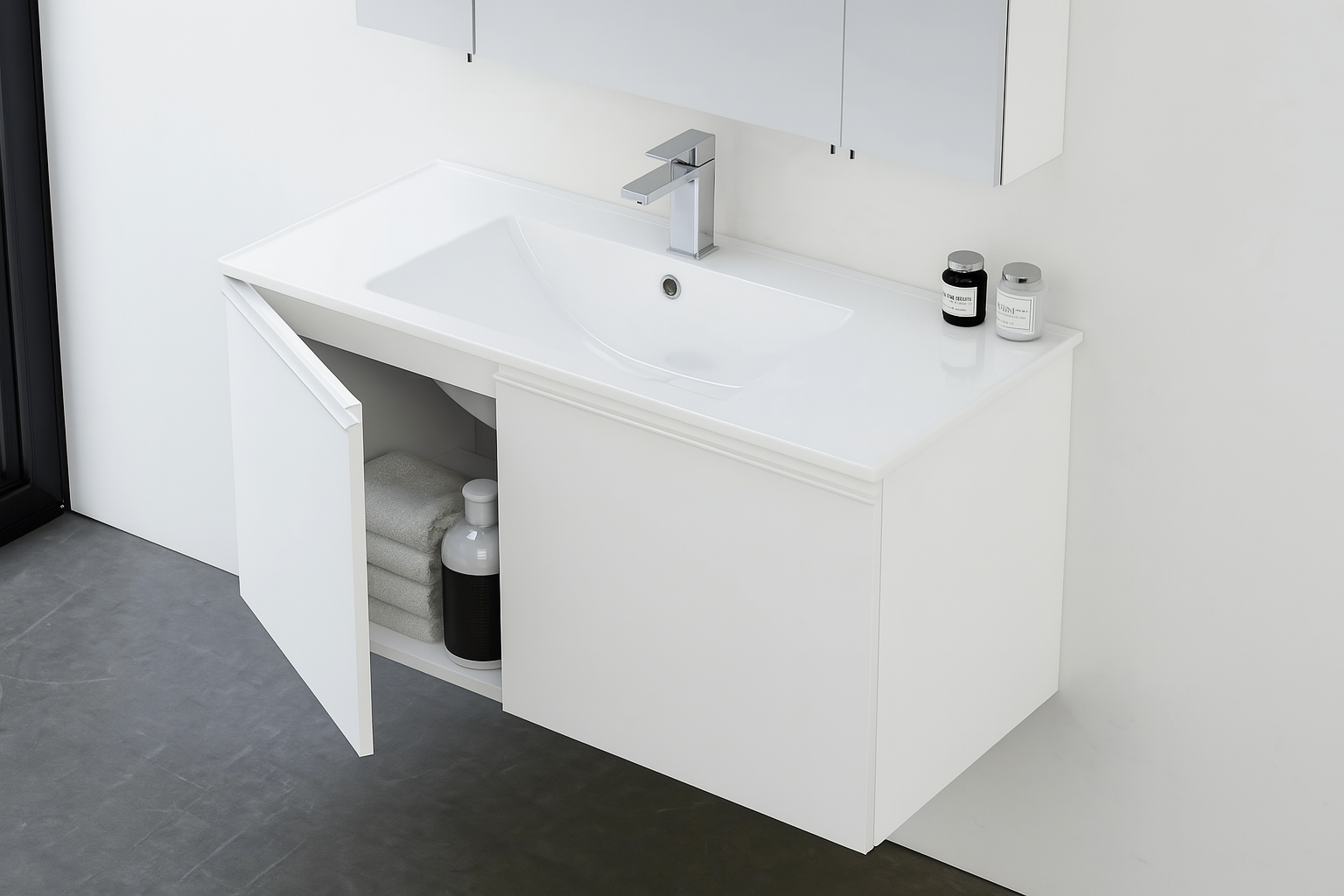 Orka Terme 100 cm Parlak Beyaz Kapaklı Banyo Dolabı Takımı (Dolaplı Ayna)