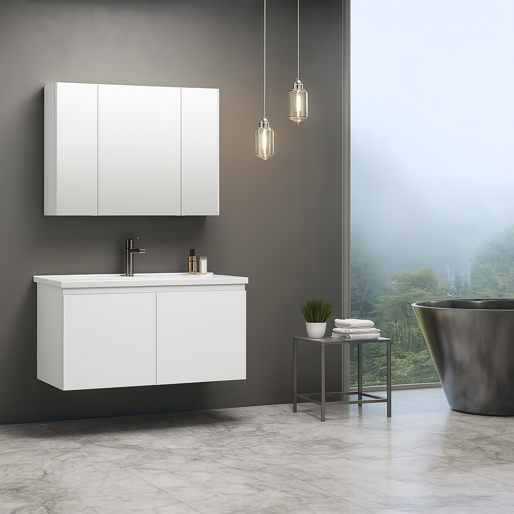 Orka Terme 100 cm Parlak Beyaz Kapaklı Banyo Dolabı Takımı (Dolaplı Ayna)