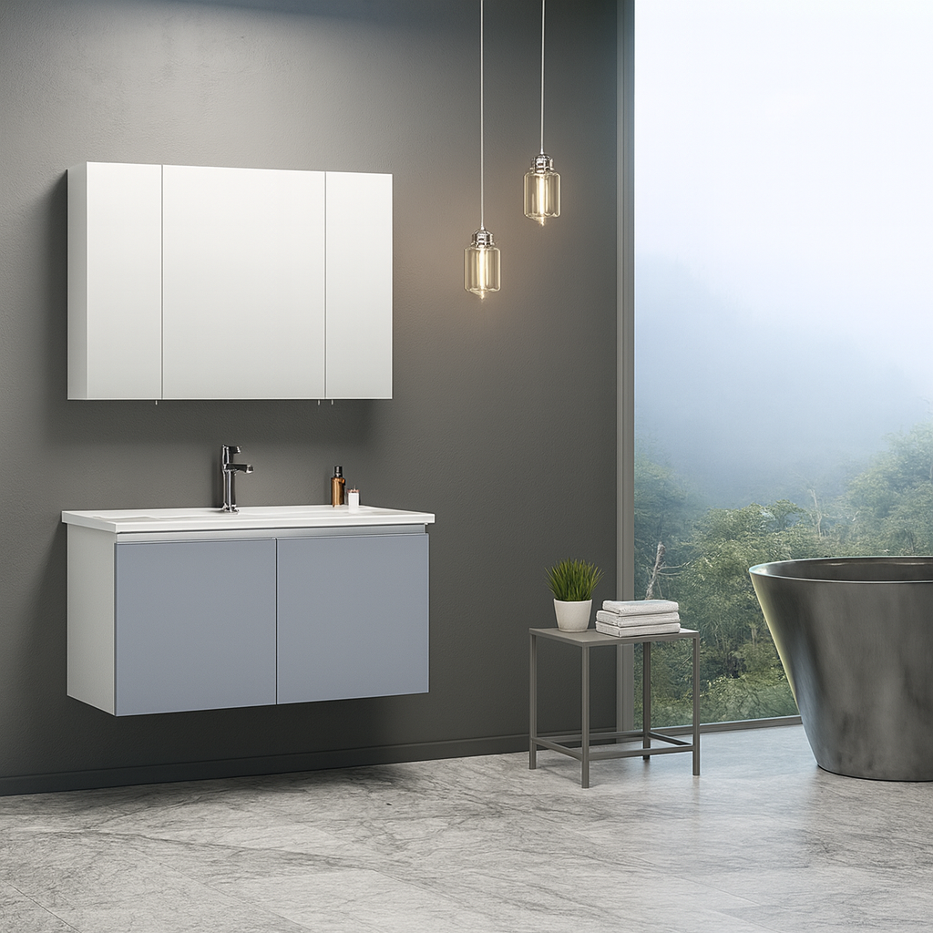 Orka Terme 100 cm Parlak Gri Kapaklı Banyo Dolabı Takımı (Dolaplı Ayna)