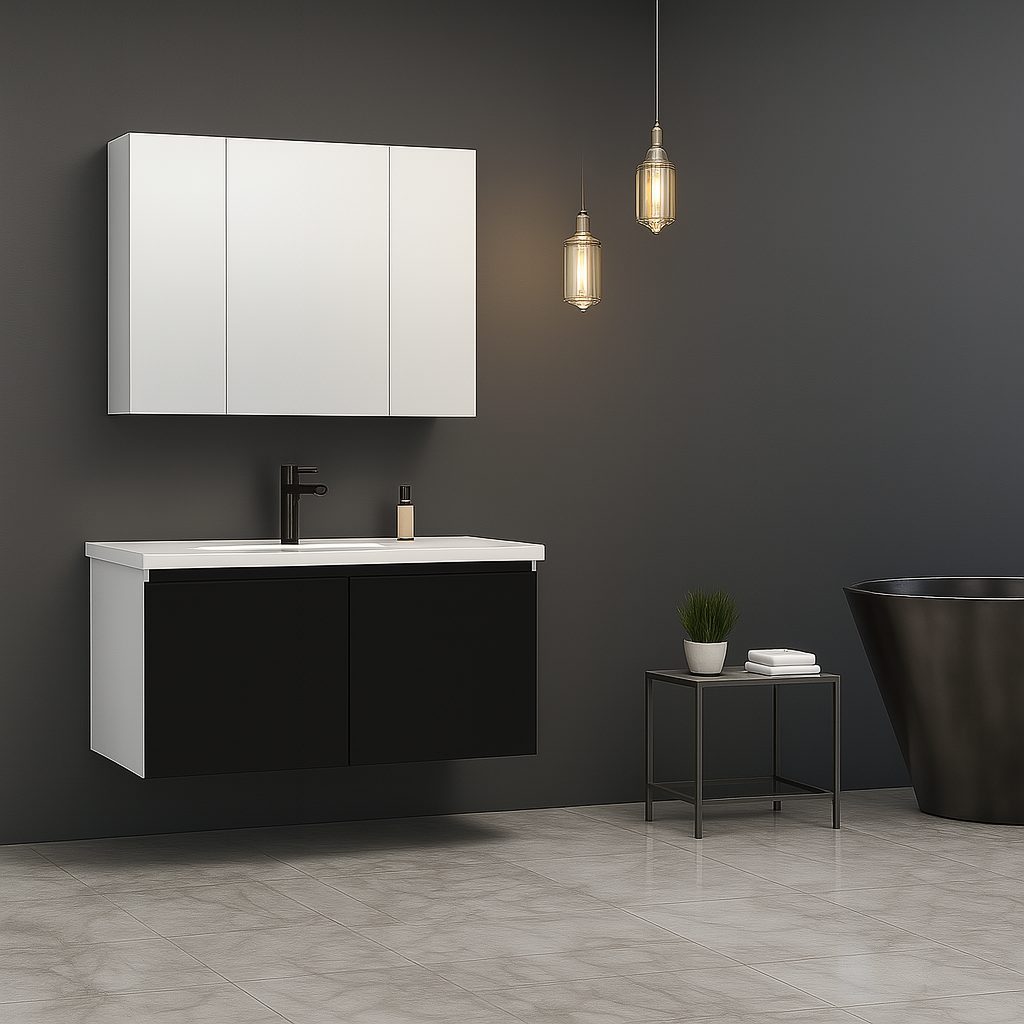Orka Terme 100 cm Parlak Siyah Kapaklı Banyo Dolabı Takımı (Dolaplı Ayna)