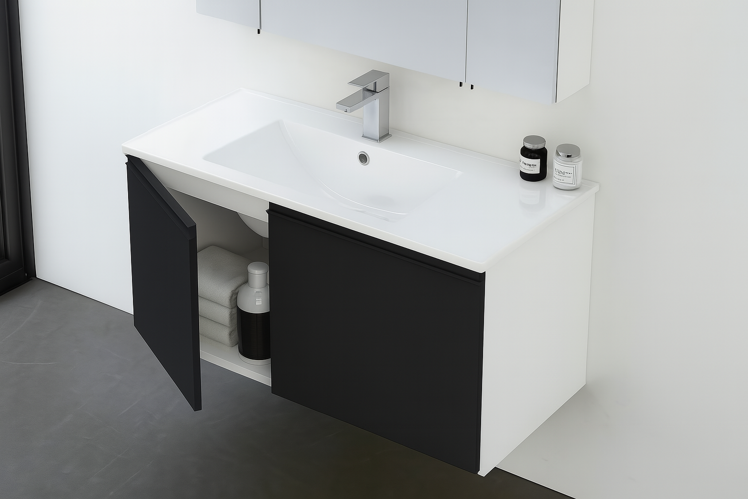 Orka Terme 100 cm Parlak Siyah Kapaklı Banyo Dolabı Takımı (Dolaplı Ayna)