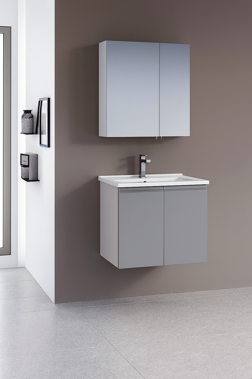 Orka Terme 60 cm Parlak Gri Kapaklı Banyo Dolabı Takımı (Dolaplı Ayna)