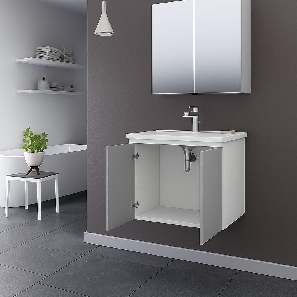 Orka Terme 60 cm Parlak Gri Kapaklı Banyo Dolabı Takımı (Dolaplı Ayna)