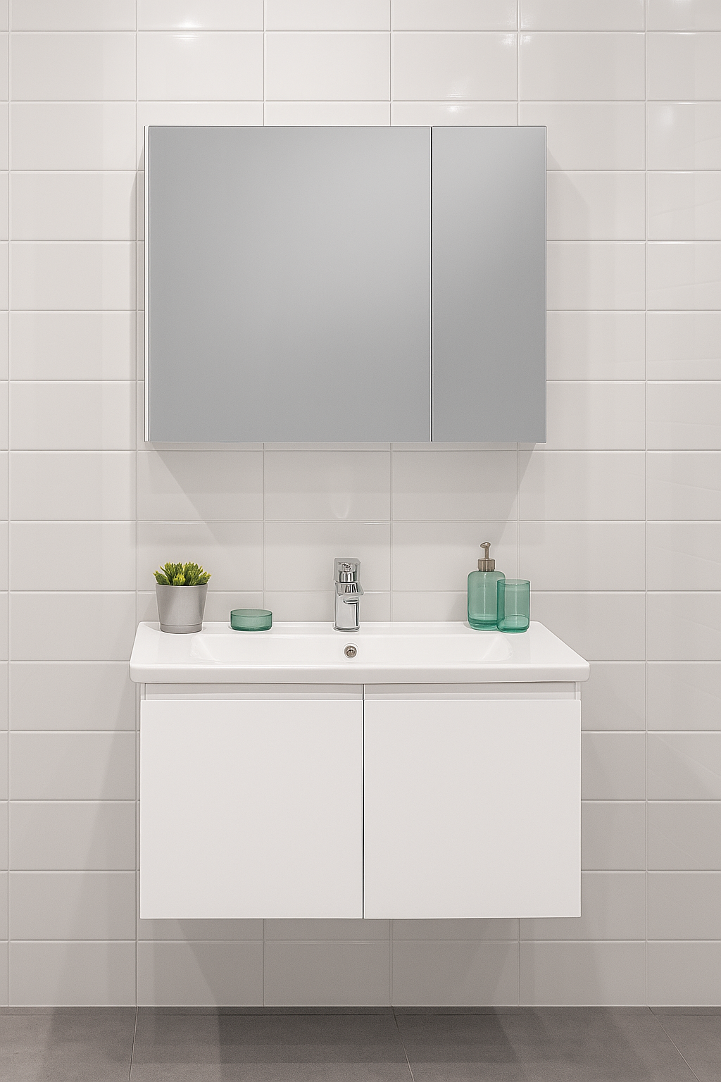 Orka Terme 80 cm Parlak Beyaz Kapaklı Banyo Dolabı Takımı (Dolaplı Ayna)