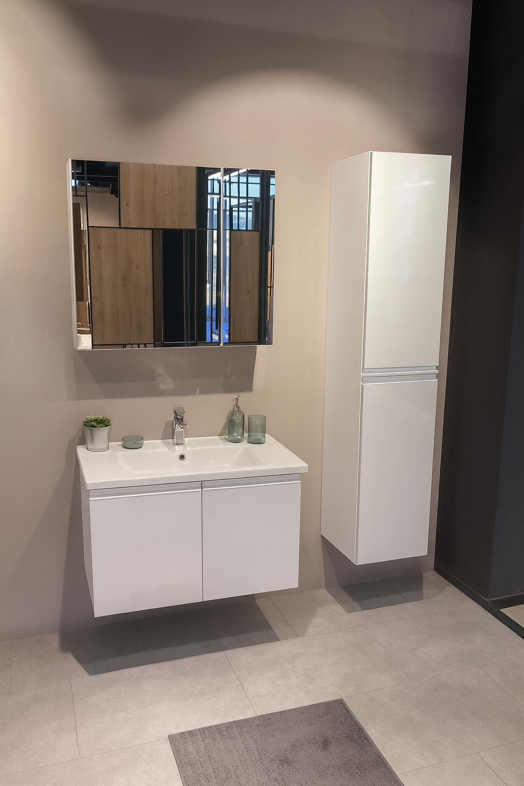 Orka Terme 80 cm Parlak Beyaz Kapaklı Banyo Dolabı Takımı (Dolaplı Ayna)