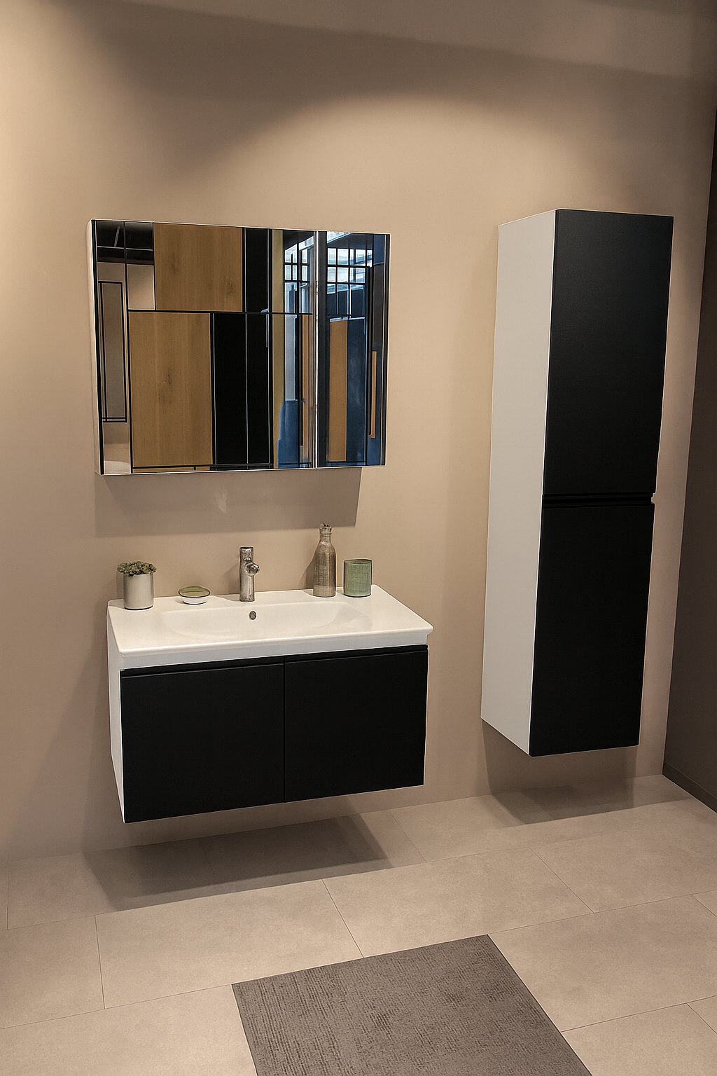 Orka Terme 80 cm Parlak Siyah Kapaklı Banyo Dolabı Takımı (Dolaplı Ayna)