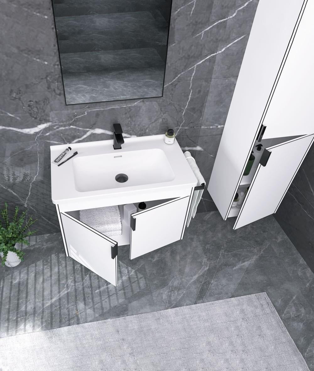 Orka Trio 100 cm Beyaz Kapaklı Banyo Dolabı Alt Modül ve Lavabo