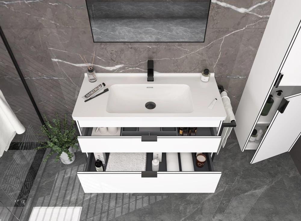 Orka Trio 100 cm Havluluklu Beyaz Çekmeceli Banyo Dolabı Alt Modül ve Lavabo