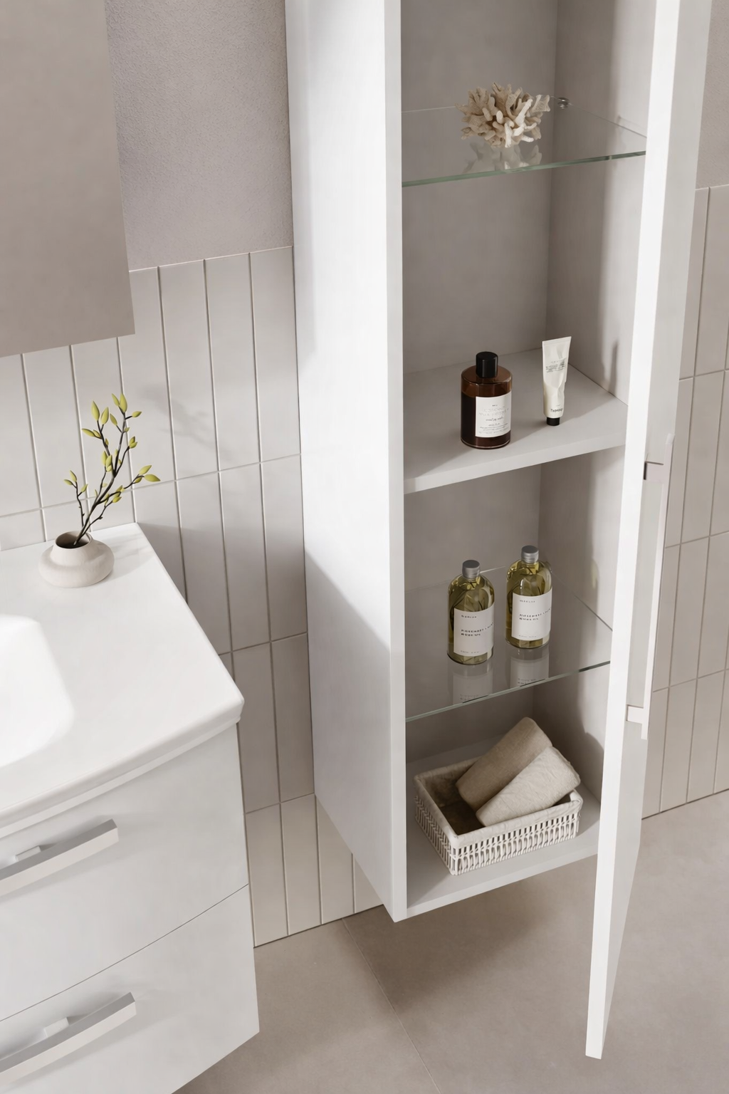 Orka Urla 40 cm Parlak Lake Beyaz Banyo Boy Çamaşır Dolabı, 3002208