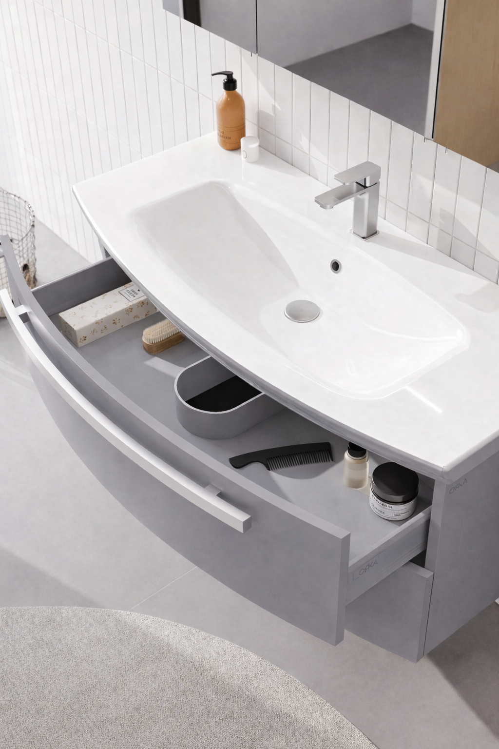 Orka Urla Banyo Dolabı Takımı, 90 cm, Parlak Lake Gri (Ledli-Dolaplı Ayna), 5000815