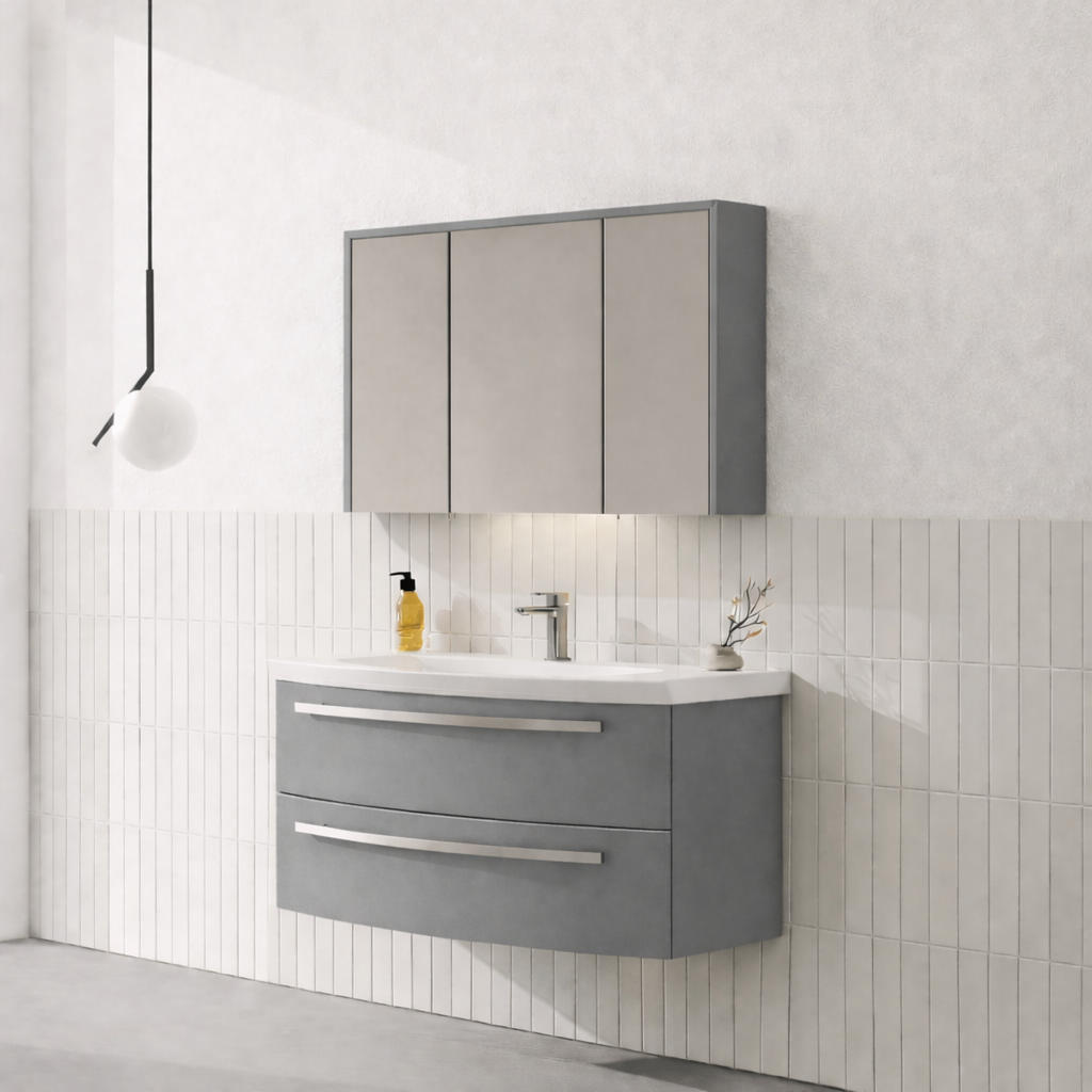 Orka Urla Banyo Dolabı Takımı, 90 cm, Parlak Lake Gri (Ledli-Dolaplı Ayna), 5000815