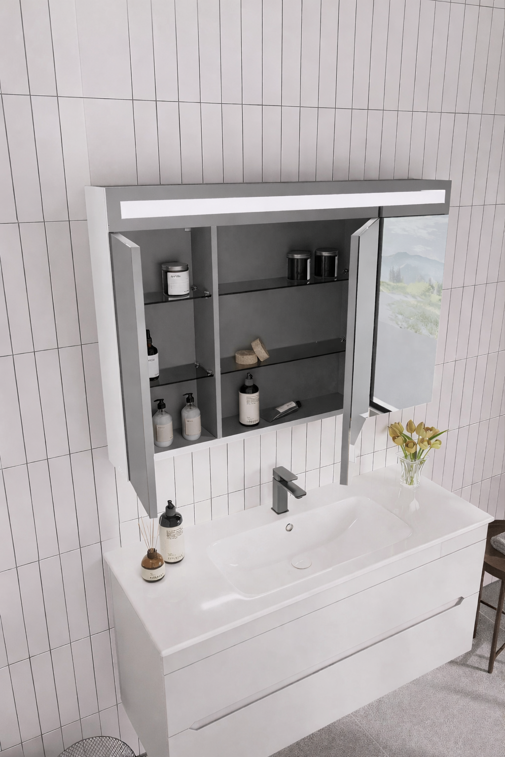 Orka Varna 120 cm Mat Beyaz Banyo Dolabı Takımı (Ledli-Dolaplı Ayna), 5000846