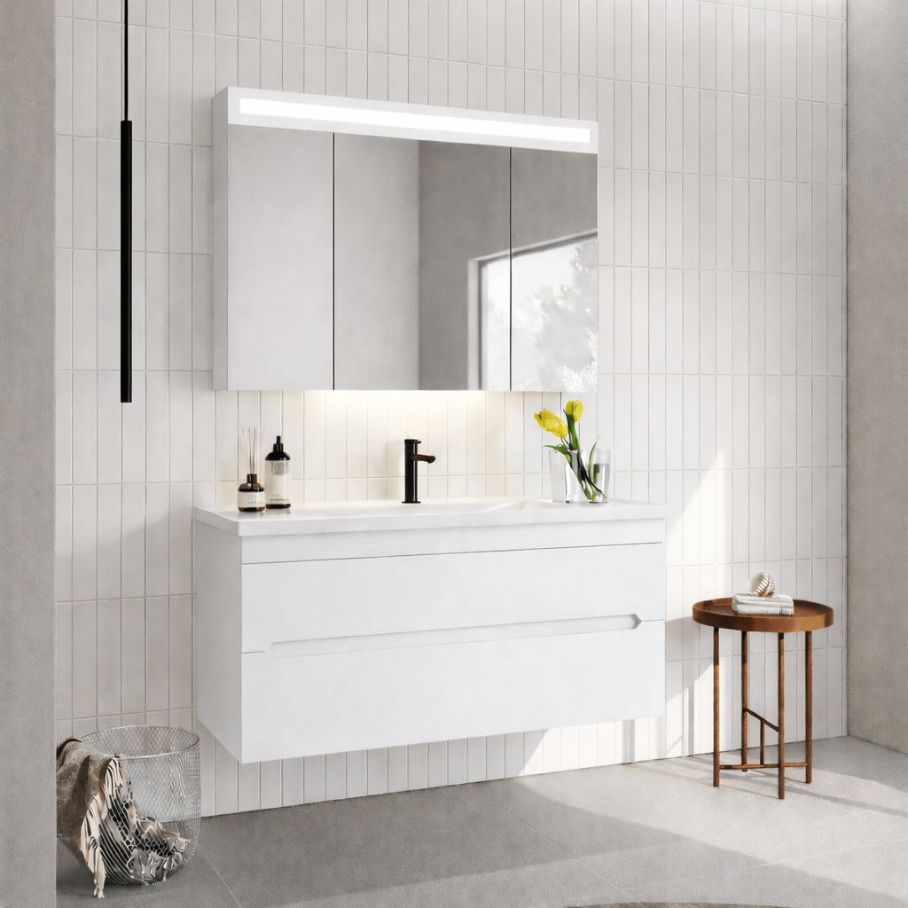 Orka Varna 120 cm Mat Beyaz Banyo Dolabı Takımı (Ledli-Dolaplı Ayna), 5000846