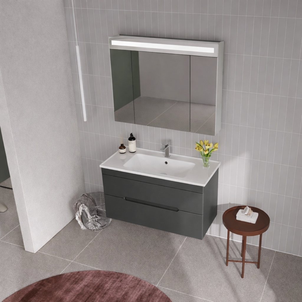 Orka Varna Banyo Dolabı Takımı, 100 cm, Mat Lake Antrasit (Ledli-Dolaplı Ayna), 5000845