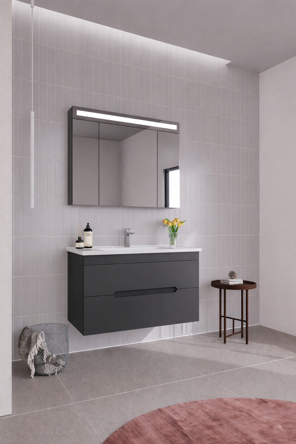 Orka Varna Banyo Dolabı Takımı, 100 cm, Mat Lake Antrasit (Ledli-Dolaplı Ayna), 5000845