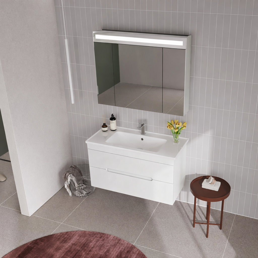 Orka Varna Banyo Dolabı Takımı, 100 cm, Mat Lake Beyaz (Ledli-Dolaplı Ayna), 5000840