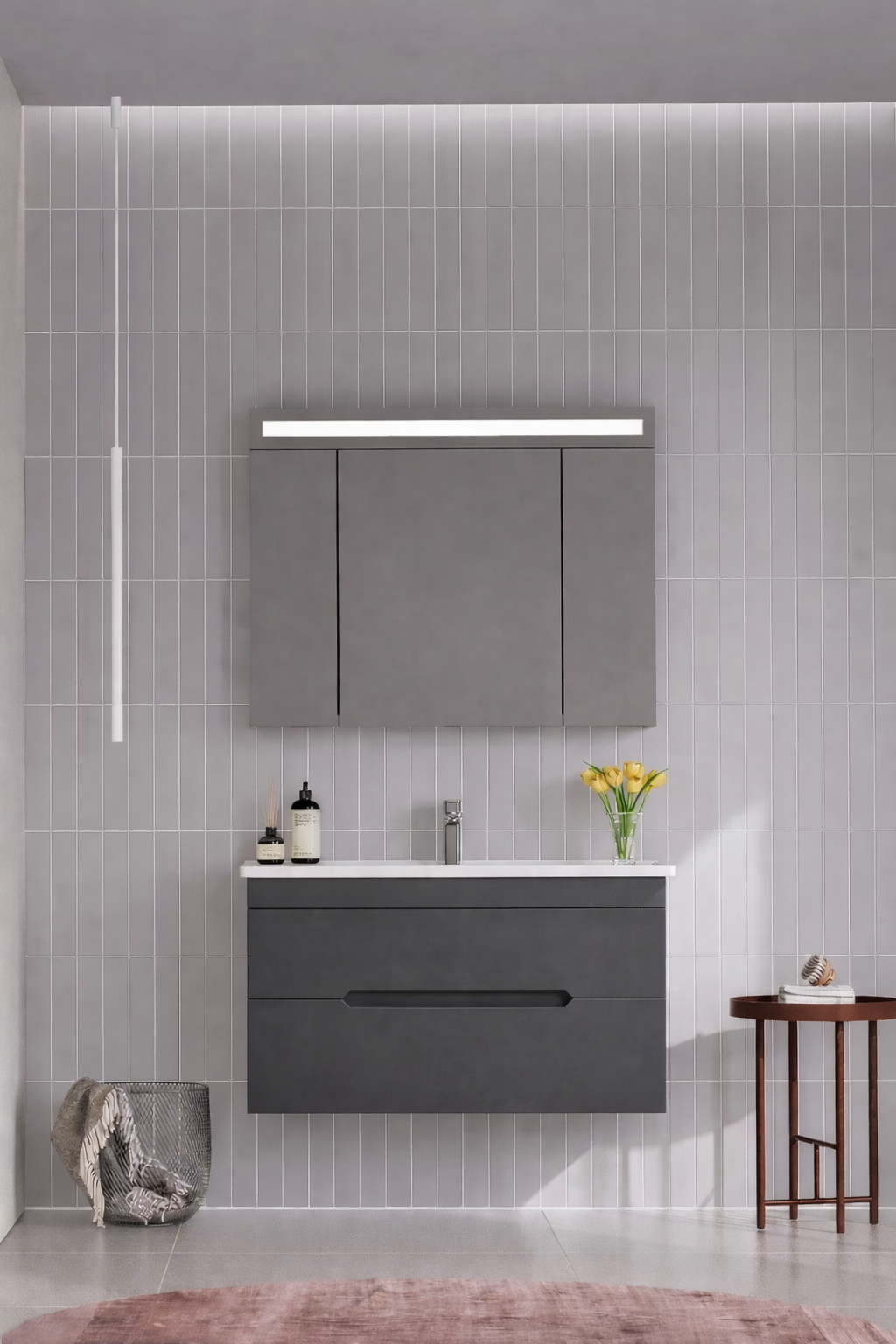 Orka Varna Banyo Dolabı Takımı, 100 cm, Mat Lake Antrasit (Ledli-Dolaplı Ayna), 5000845