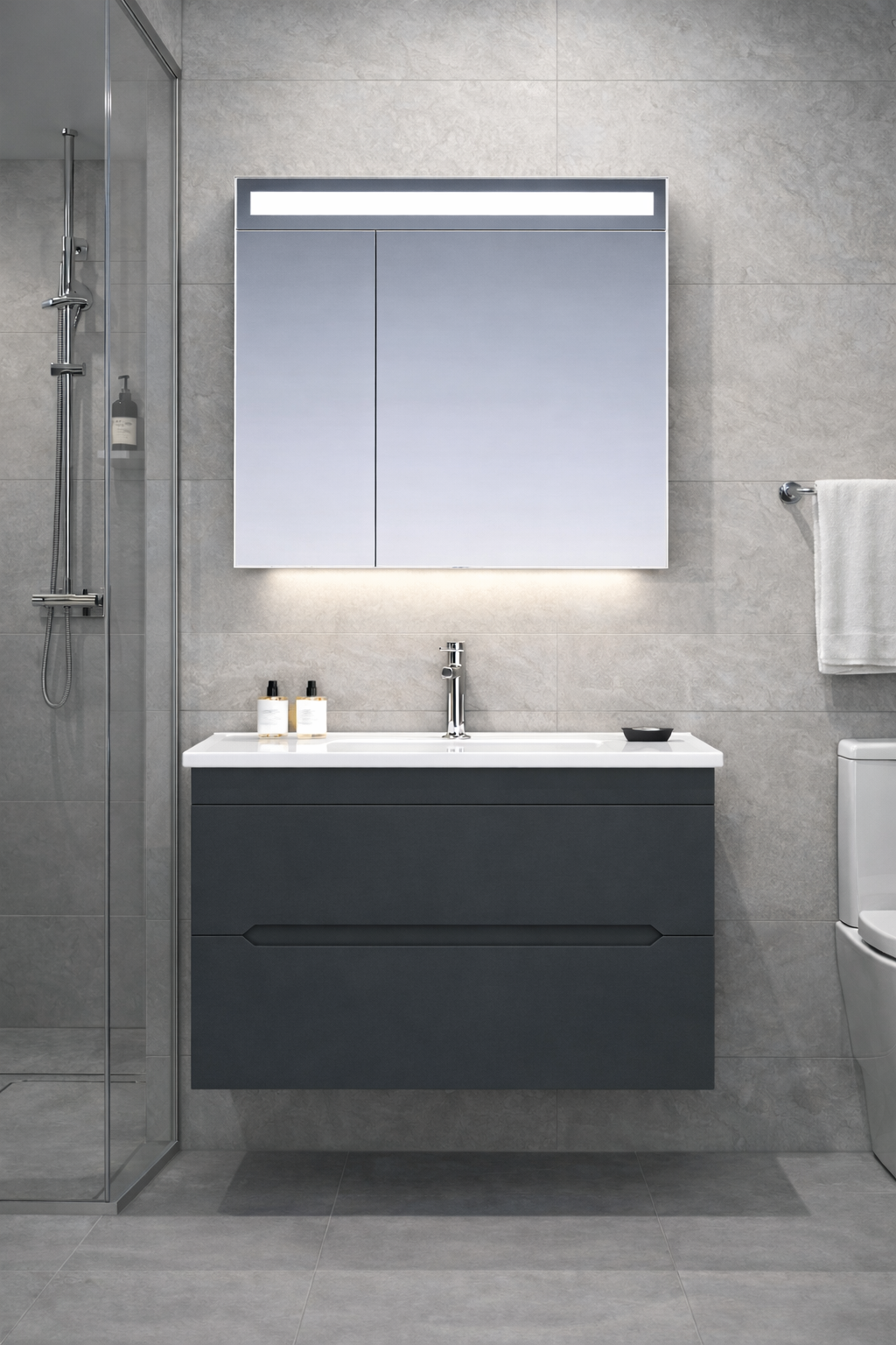 Orka Varna Banyo Dolabı Takımı, 80 cm, Mat Lake Antrasit (Ledli-Dolaplı Ayna)