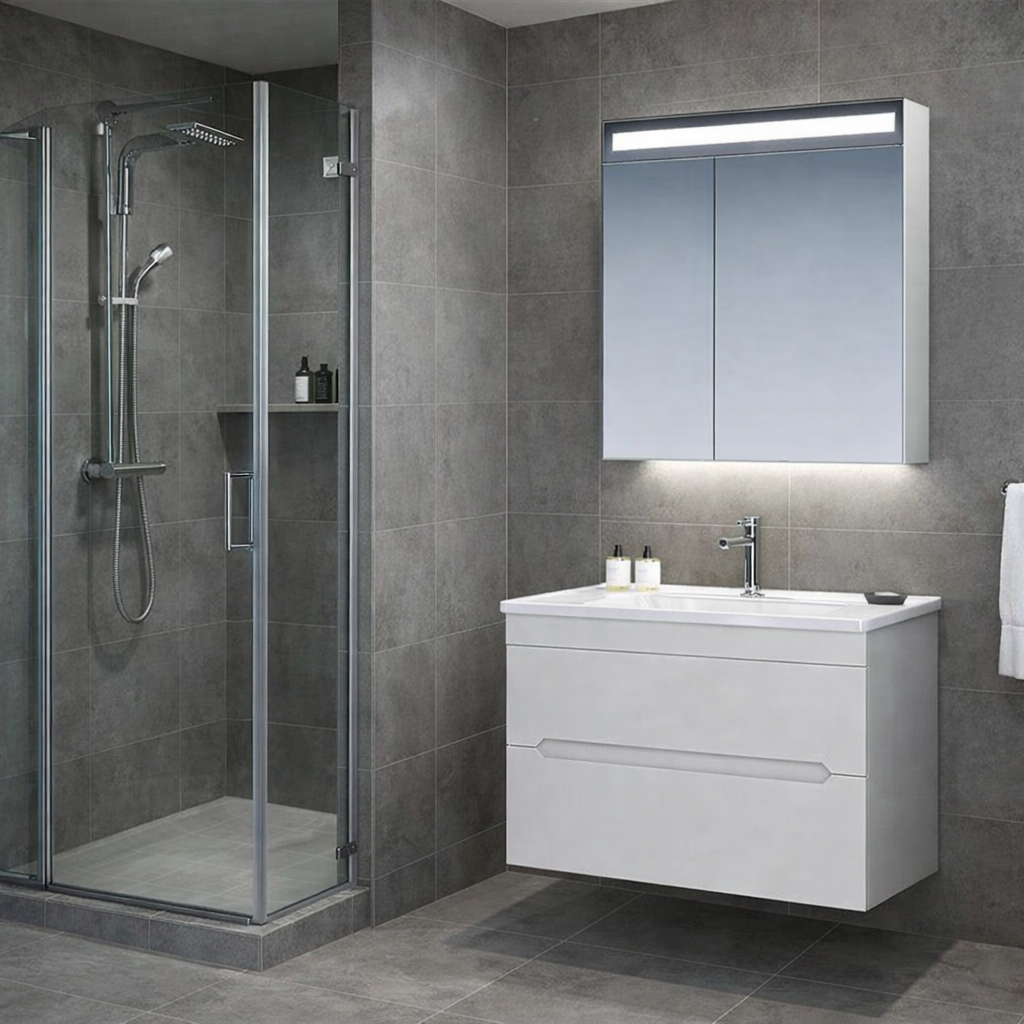 Orka Varna Banyo Dolabı Takımı, 80 cm, Mat Lake Kaşmir (Ledli-Dolaplı Ayna), 5000837