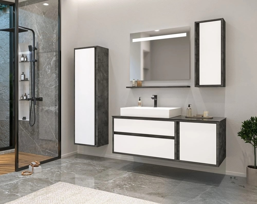 Orka Verona 120 cm, İrony-Beyaz Banyo Dolabı Takımı (Ledli Ayna)
