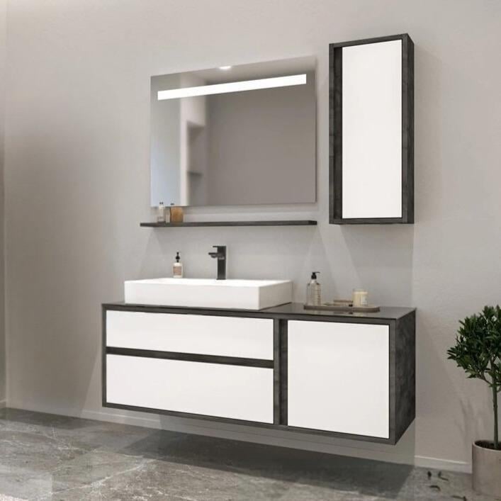 Orka Verona 120 cm, İrony-Beyaz Banyo Dolabı Takımı (Ledli Ayna)