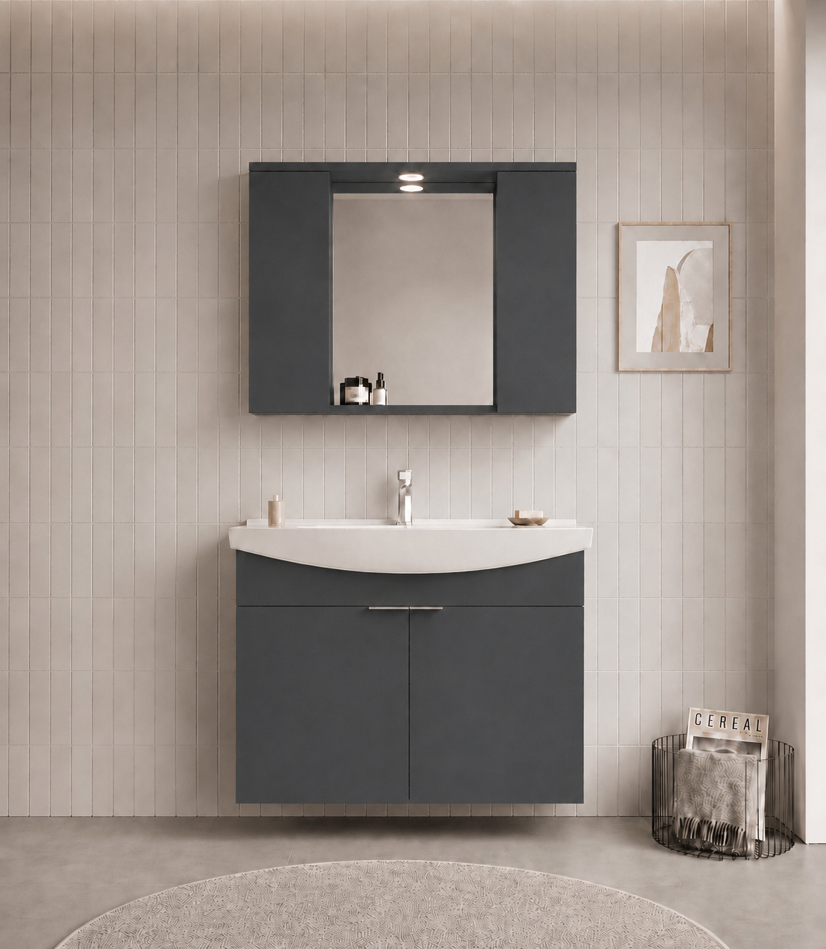 Orka Purus 100 cm ,Mat Antrasit, Banyo Dolabı Takımı (Asma,Spotlu Ayna), 5007985