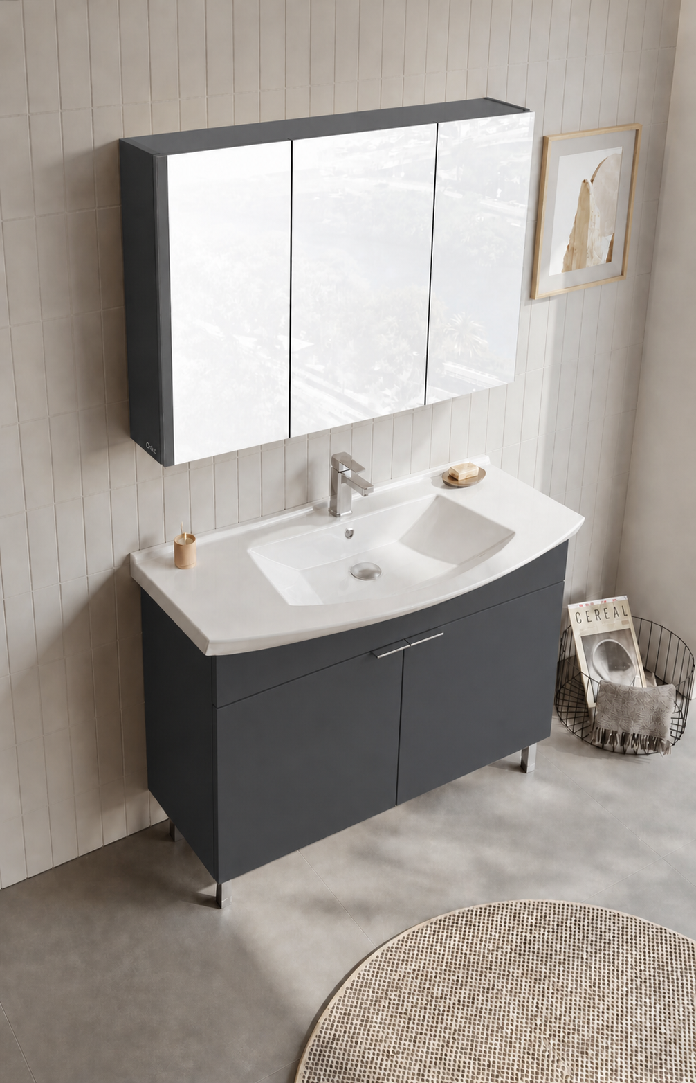 Orka Purus 100 cm ,Mat Antrasit, Banyo Dolabı Takımı (Ayaklı,Dolaplı Ayna), 5008487