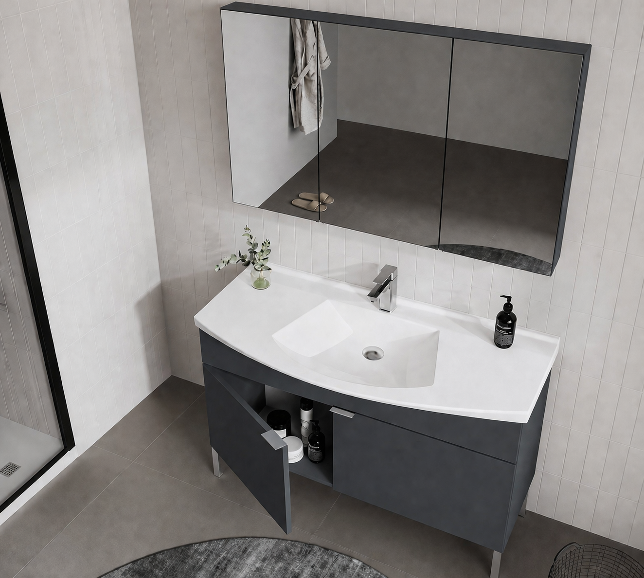 Orka Purus 100 cm ,Mat Antrasit, Banyo Dolabı Takımı (Ayaklı,Dolaplı Ayna), 5008487