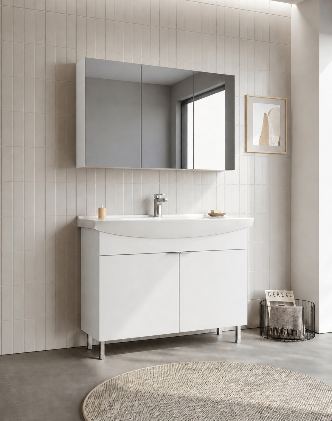 Orka Purus 100 cm ,Parlak Beyaz, Banyo Dolabı Takımı (Ayaklı,Dolaplı Ayna), 5008488