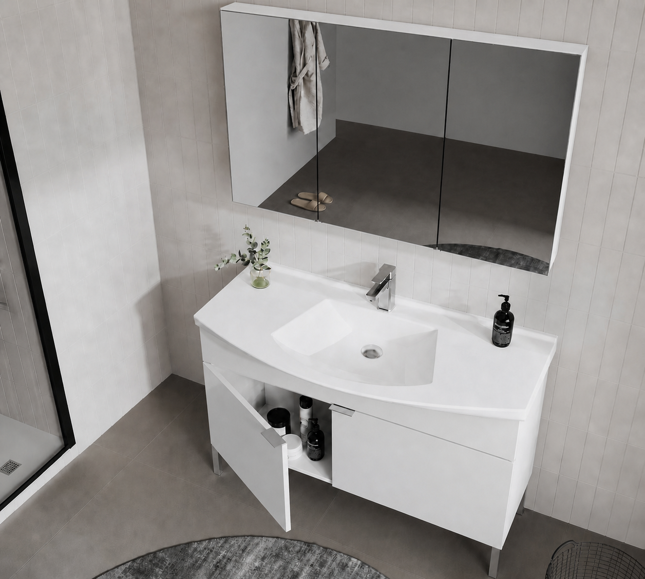 Orka Purus 100 cm ,Parlak Beyaz, Banyo Dolabı Takımı (Ayaklı,Dolaplı Ayna), 5008488