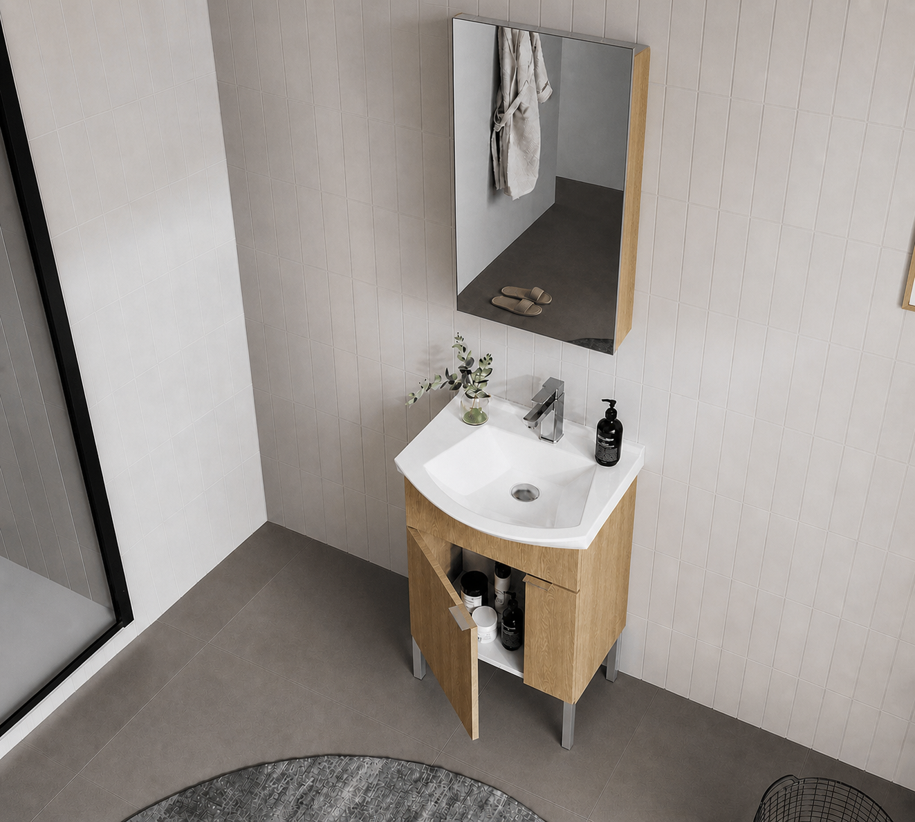 Orka Purus 55 cm ,Budva, Banyo Dolabı Takımı (Ayaklı,Dolaplı Ayna), 5008477